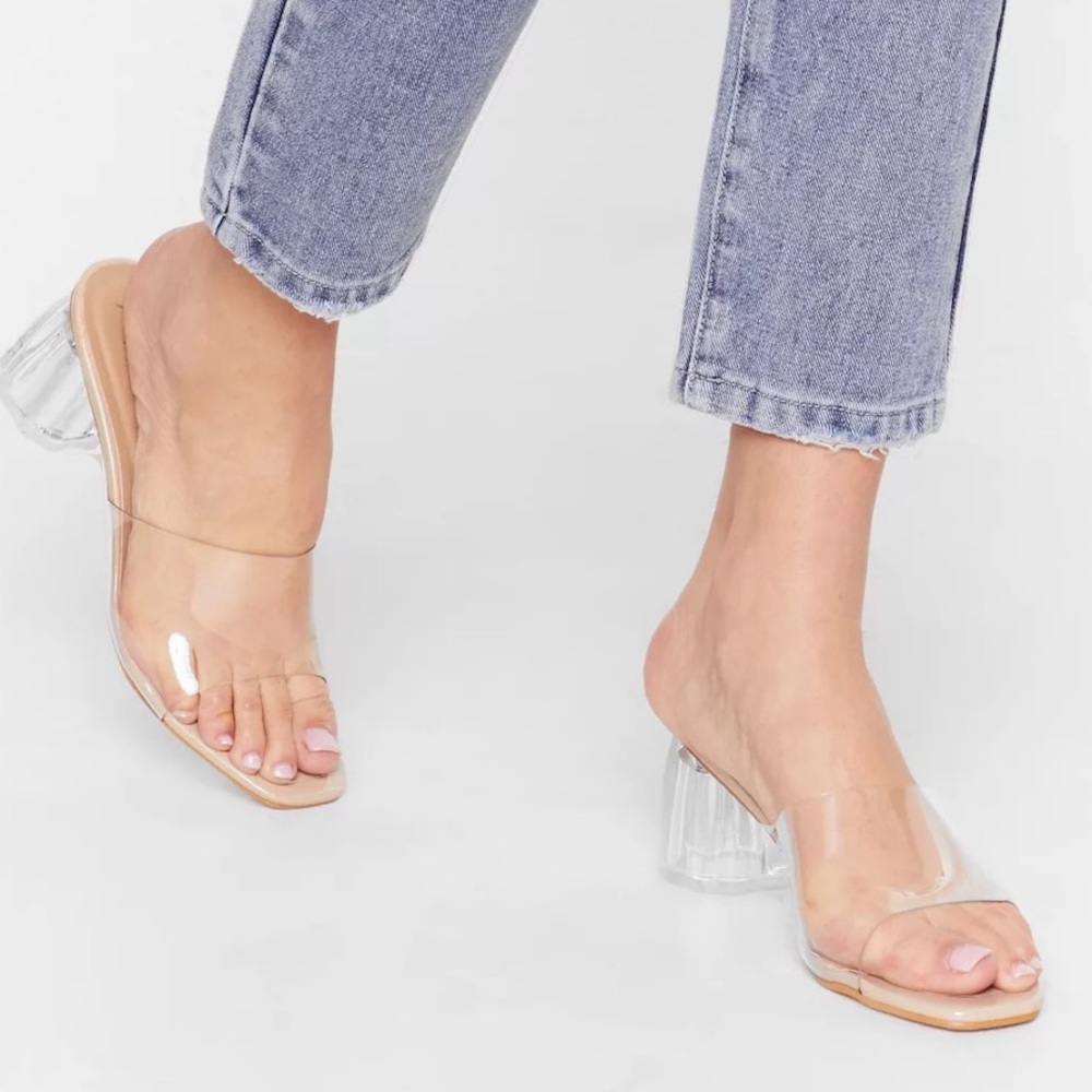 Nasty Gal clear and nude block heel open toe mules sandals
